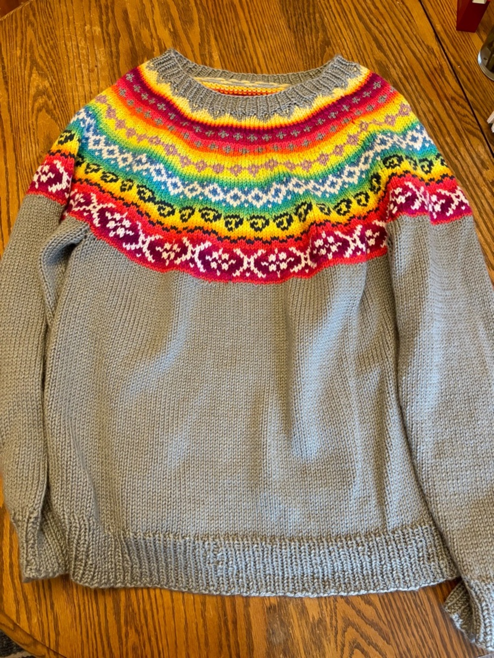 Gray Women’s Sweater with Multicolor Fair Isle Yoke